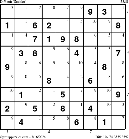 The grouppuzzles.com Difficult Sudoku puzzle for Monday March 16, 2026 with all 10 steps marked