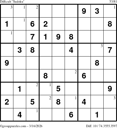 The grouppuzzles.com Difficult Sudoku puzzle for Monday March 16, 2026 with the first 3 steps marked
