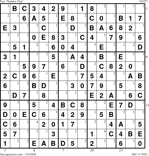 The grouppuzzles.com Easy Sudoku-15up puzzle for Monday March 16, 2026 with all 4 steps marked