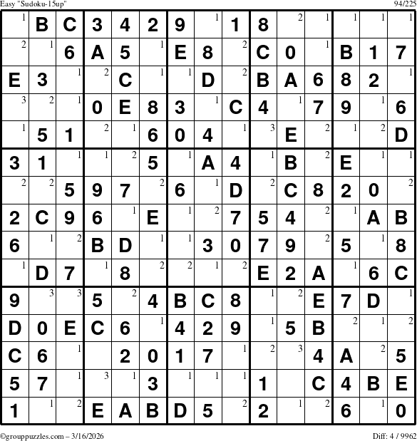 The grouppuzzles.com Easy Sudoku-15up puzzle for Monday March 16, 2026 with the first 3 steps marked