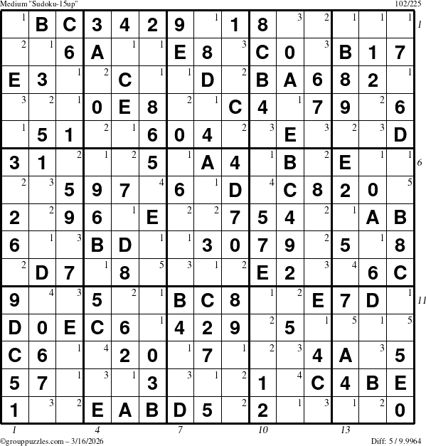 The grouppuzzles.com Medium Sudoku-15up puzzle for Monday March 16, 2026, suitable for printing, with all 5 steps marked