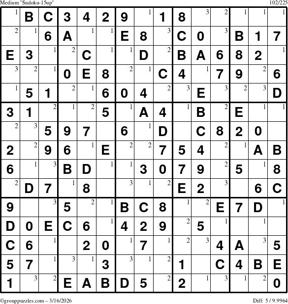 The grouppuzzles.com Medium Sudoku-15up puzzle for Monday March 16, 2026 with the first 3 steps marked
