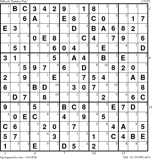 The grouppuzzles.com Difficult Sudoku-15up puzzle for Monday March 16, 2026 with all 10 steps marked