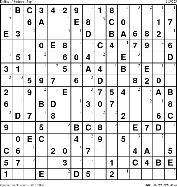 The grouppuzzles.com Difficult Sudoku-15up puzzle for Monday March 16, 2026 with the first 3 steps marked