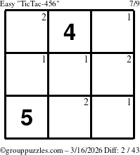 The grouppuzzles.com Easy TicTac-456 puzzle for Monday March 16, 2026 with the first 2 steps marked