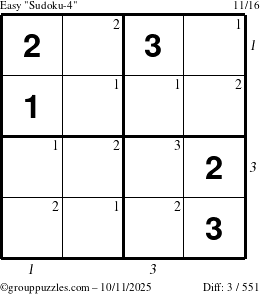 The grouppuzzles.com Easy Sudoku-4 puzzle for Saturday October 11, 2025, suitable for printing, with all 3 steps marked