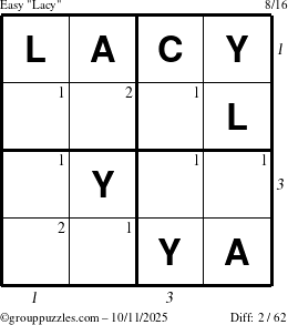 The grouppuzzles.com Easy Lacy puzzle for Saturday October 11, 2025 with all 2 steps marked