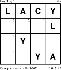 The grouppuzzles.com Easy Lacy puzzle for Saturday October 11, 2025 with the first 2 steps marked