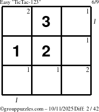 The grouppuzzles.com Easy TicTac-123 puzzle for Saturday October 11, 2025 with all 2 steps marked