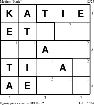 The grouppuzzles.com Medium Katie puzzle for Saturday October 11, 2025 with all 2 steps marked