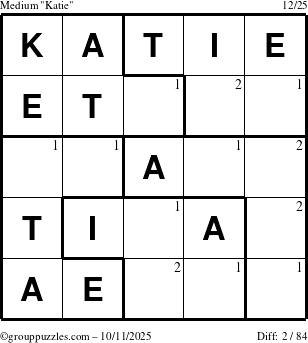 The grouppuzzles.com Medium Katie puzzle for Saturday October 11, 2025 with the first 2 steps marked