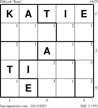 The grouppuzzles.com Difficult Katie puzzle for Saturday October 11, 2025 with all 3 steps marked