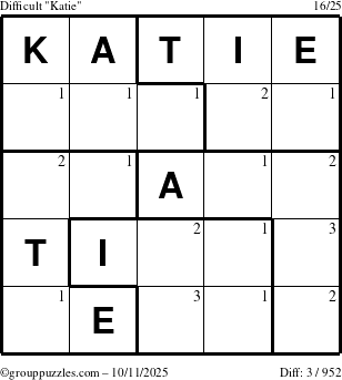 The grouppuzzles.com Difficult Katie puzzle for Saturday October 11, 2025 with the first 3 steps marked