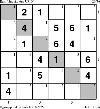 The grouppuzzles.com Easy Sudoku-6up-UR-D puzzle for Saturday October 11, 2025 with all 3 steps marked