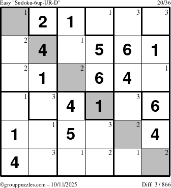 The grouppuzzles.com Easy Sudoku-6up-UR-D puzzle for Saturday October 11, 2025 with the first 3 steps marked
