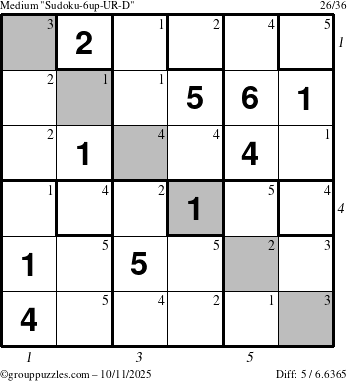 The grouppuzzles.com Medium Sudoku-6up-UR-D puzzle for Saturday October 11, 2025 with all 5 steps marked