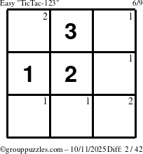 The grouppuzzles.com Easy TicTac-123 puzzle for Saturday October 11, 2025 with the first 2 steps marked