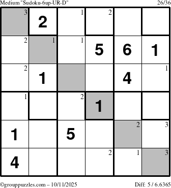 The grouppuzzles.com Medium Sudoku-6up-UR-D puzzle for Saturday October 11, 2025 with the first 3 steps marked