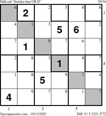 The grouppuzzles.com Difficult Sudoku-6up-UR-D puzzle for Saturday October 11, 2025 with all 9 steps marked