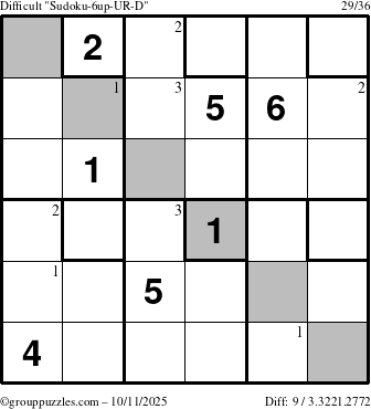 The grouppuzzles.com Difficult Sudoku-6up-UR-D puzzle for Saturday October 11, 2025 with the first 3 steps marked