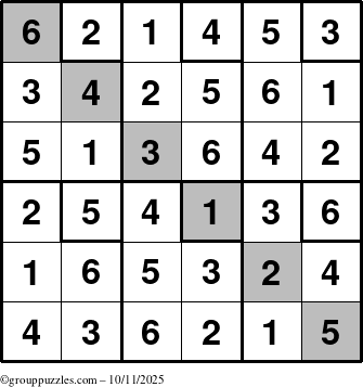 The grouppuzzles.com Answer grid for the Sudoku-6up-UR-D puzzle for Saturday October 11, 2025