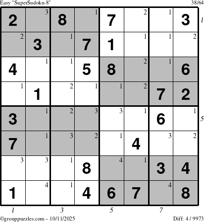 The grouppuzzles.com Easy SuperSudoku-8 puzzle for Saturday October 11, 2025 with all 4 steps marked