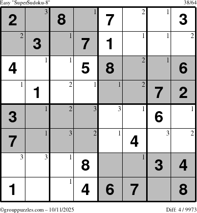The grouppuzzles.com Easy SuperSudoku-8 puzzle for Saturday October 11, 2025 with the first 3 steps marked