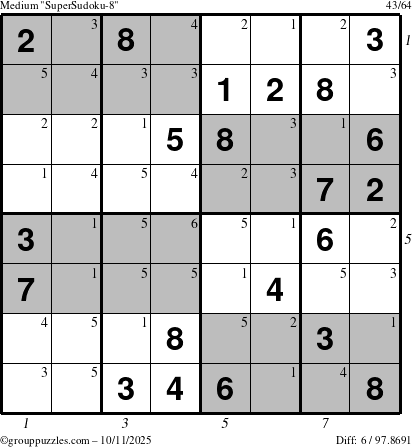 The grouppuzzles.com Medium SuperSudoku-8 puzzle for Saturday October 11, 2025, suitable for printing, with all 6 steps marked