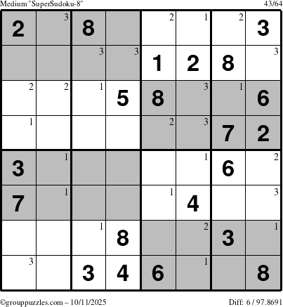 The grouppuzzles.com Medium SuperSudoku-8 puzzle for Saturday October 11, 2025 with the first 3 steps marked