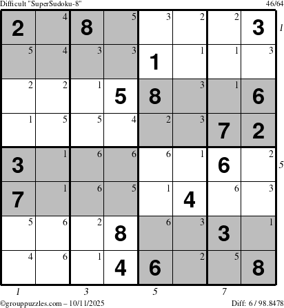 The grouppuzzles.com Difficult SuperSudoku-8 puzzle for Saturday October 11, 2025, suitable for printing, with all 6 steps marked