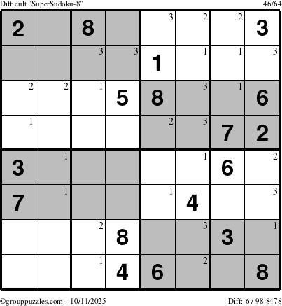 The grouppuzzles.com Difficult SuperSudoku-8 puzzle for Saturday October 11, 2025 with the first 3 steps marked