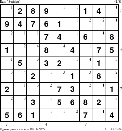 The grouppuzzles.com Easy Sudoku puzzle for Saturday October 11, 2025 with all 4 steps marked