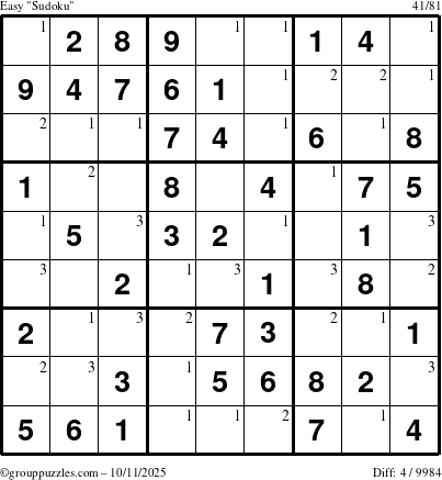 The grouppuzzles.com Easy Sudoku puzzle for Saturday October 11, 2025 with the first 3 steps marked