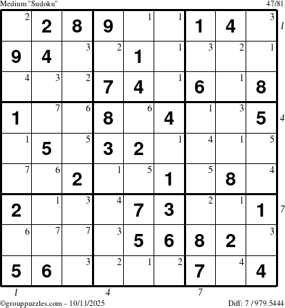 The grouppuzzles.com Medium Sudoku puzzle for Saturday October 11, 2025 with all 7 steps marked