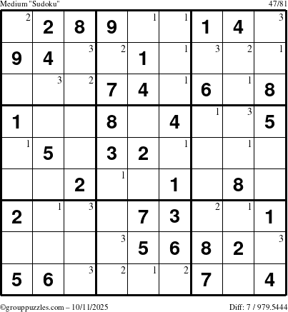 The grouppuzzles.com Medium Sudoku puzzle for Saturday October 11, 2025 with the first 3 steps marked