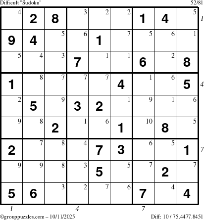 The grouppuzzles.com Difficult Sudoku puzzle for Saturday October 11, 2025 with all 10 steps marked