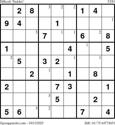 The grouppuzzles.com Difficult Sudoku puzzle for Saturday October 11, 2025 with the first 3 steps marked