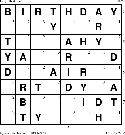 The grouppuzzles.com Easy Birthday puzzle for Saturday October 11, 2025, suitable for printing, with all 4 steps marked