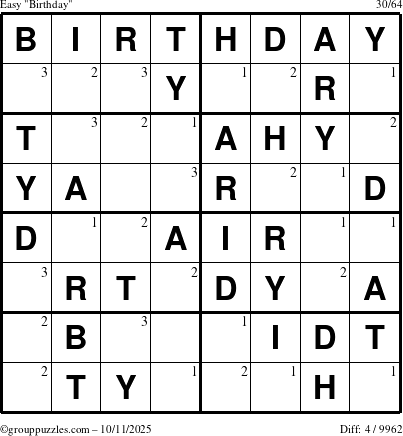 The grouppuzzles.com Easy Birthday puzzle for Saturday October 11, 2025 with the first 3 steps marked