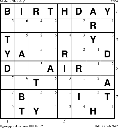 The grouppuzzles.com Medium Birthday puzzle for Saturday October 11, 2025 with all 7 steps marked