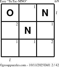 The grouppuzzles.com Easy TicTac-MNO puzzle for Saturday October 11, 2025, suitable for printing, with all 2 steps marked