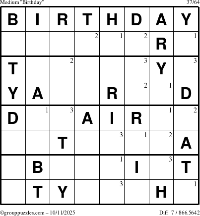 The grouppuzzles.com Medium Birthday puzzle for Saturday October 11, 2025 with the first 3 steps marked