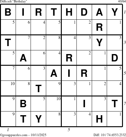 The grouppuzzles.com Difficult Birthday puzzle for Saturday October 11, 2025 with all 10 steps marked