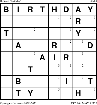 The grouppuzzles.com Difficult Birthday puzzle for Saturday October 11, 2025 with the first 3 steps marked