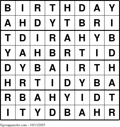 The grouppuzzles.com Answer grid for the Birthday puzzle for Saturday October 11, 2025