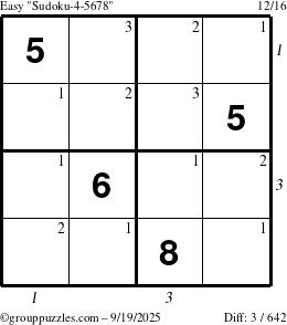 The grouppuzzles.com Easy Sudoku-4-5678 puzzle for Friday September 19, 2025, suitable for printing, with all 3 steps marked