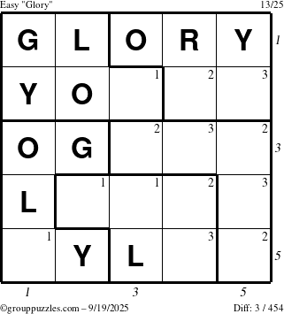 The grouppuzzles.com Easy Glory puzzle for Friday September 19, 2025 with all 3 steps marked