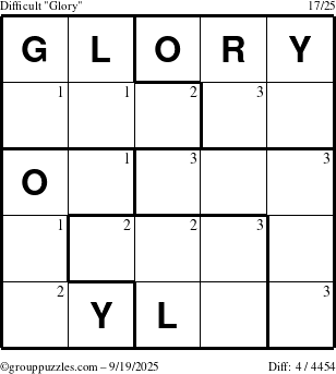 The grouppuzzles.com Difficult Glory puzzle for Friday September 19, 2025 with the first 3 steps marked