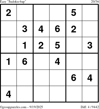 The grouppuzzles.com Easy Sudoku-6up puzzle for Friday September 19, 2025