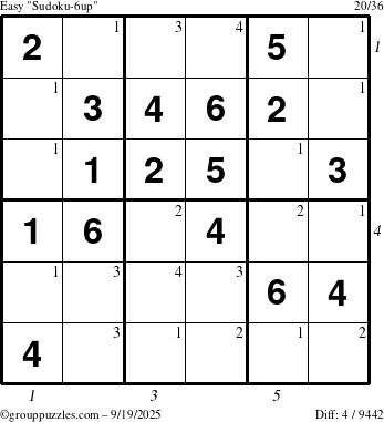 The grouppuzzles.com Easy Sudoku-6up puzzle for Friday September 19, 2025 with all 4 steps marked